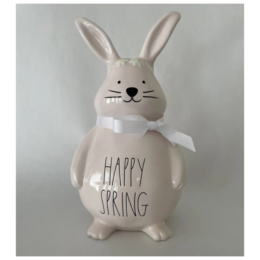 Rae Dunn Pink Happy Spring Easter Bunny Statue Farmhouse Home Decor